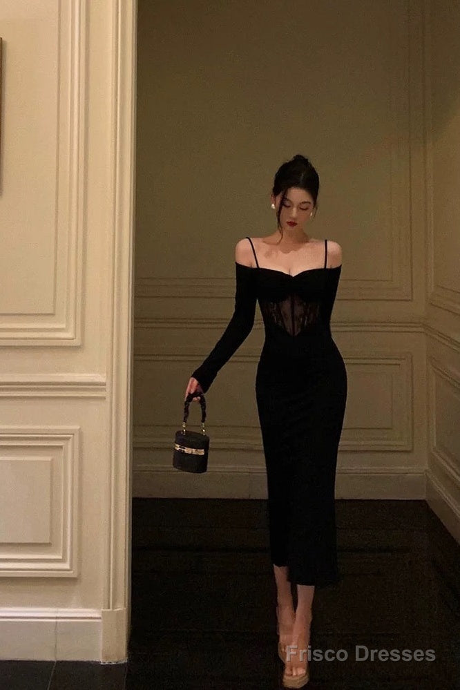 Sexy Sheath Off The Shoulder Long Sleeves Black Tea Length Prom Dresses Birthday Outfits Main image