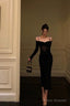 Sexy Sheath Off The Shoulder Long Sleeves Black Tea Length Prom Dresses Birthday Outfits