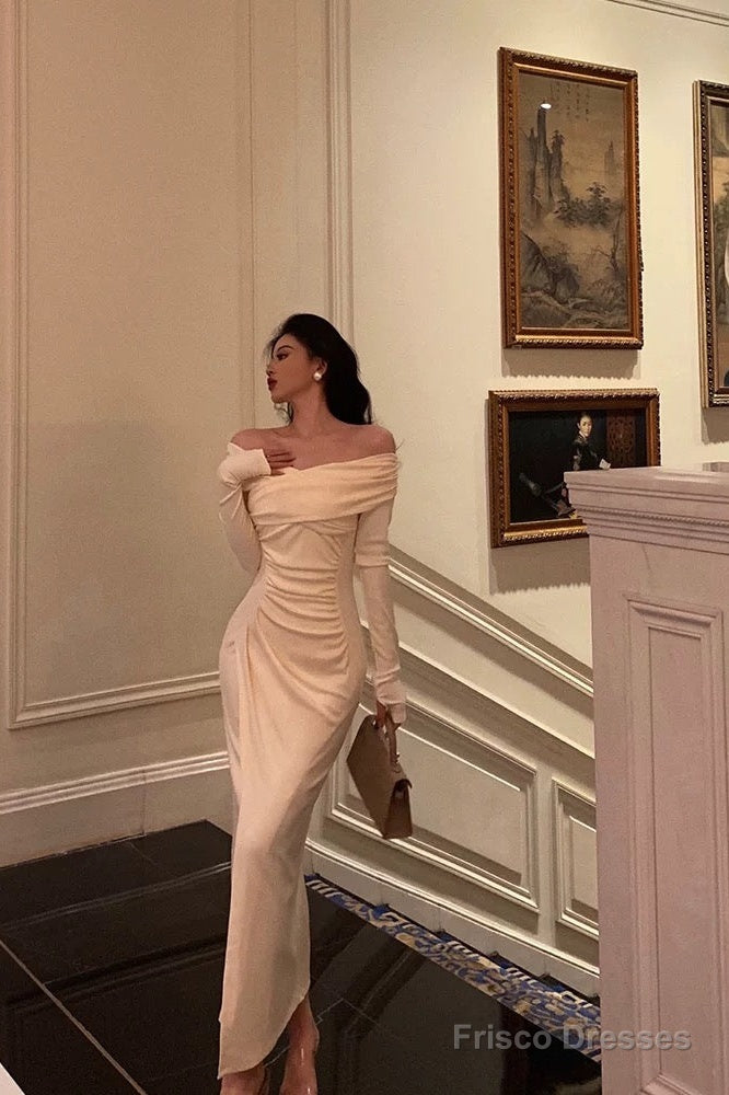 Sexy Sheath Off The Shoulder Long Sleeves White Slit Prom Dresses Birthday Outfits
