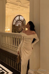 Sexy Sheath Off The Shoulder Long Sleeves White Slit Prom Dresses Birthday Outfits