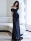 Sexy Sheath Off The Shoulder Navy Blue Satin Floor Length Evening Dress Prom Dresses