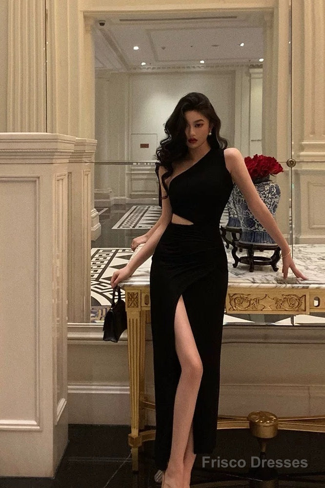 Sexy Sheath One Shoulder Black Slit Long Prom Dresses Evening Dress Main image
