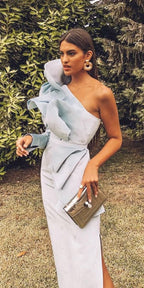 Sexy Sheath One Shoulder Light Sky Blue Long Prom Dresses