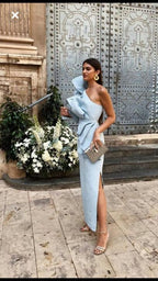 Sexy Sheath One Shoulder Light Sky Blue Long Prom Dresses