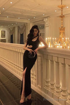 Sexy Sheath One Shoulder Straps Black Slit Long Prom Dresses Birthday Outfits