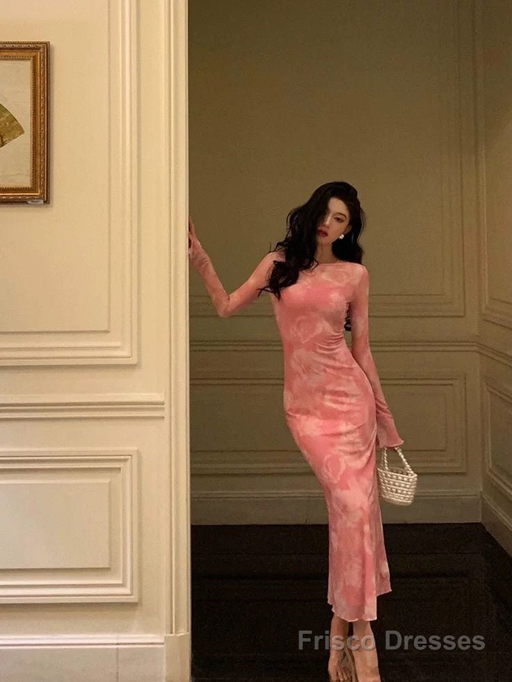 Sexy Sheath Pink Floral Long Sleeves Prom Dresses Birthday Outfits Secondary image