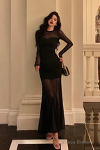 Sexy Sheath Scoop Long Sleeves Black Prom Dresses Birthday Outfits Evening Gown