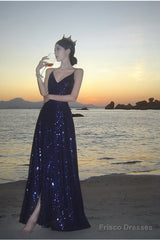 Sexy Sheath Spaghetti Straps Blue Sequin Beach Dress WomenS Vacation Dresses Prom Dress