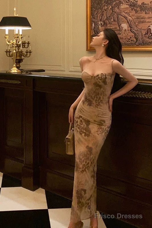 Sexy Sheath Spaghetti Straps Champagne Floral Prom Dresses Birthday Outfits