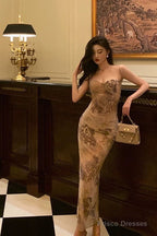 Sexy Sheath Spaghetti Straps Champagne Floral Prom Dresses Birthday Outfits