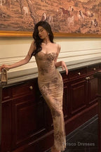 Sexy Sheath Spaghetti Straps Champagne Floral Prom Dresses Birthday Outfits
