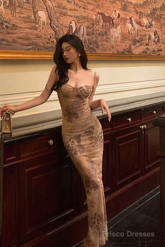 Sexy Sheath Spaghetti Straps Champagne Floral Prom Dresses Birthday Outfits