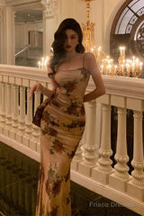 Sexy Sheath Spaghetti Straps Champagne Floral Prom Dresses Birthday Outfits Evening Gown