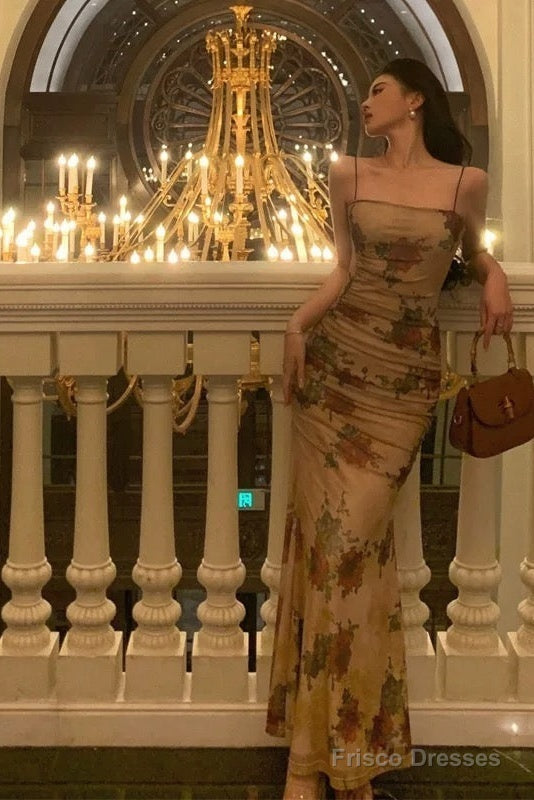Sexy Sheath Spaghetti Straps Champagne Floral Prom Dresses Birthday Outfits Evening Gown Main image