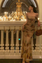 Sexy Sheath Spaghetti Straps Champagne Floral Prom Dresses Birthday Outfits Evening Gown