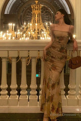 Sexy Sheath Spaghetti Straps Champagne Floral Prom Dresses Birthday Outfits Evening Gown