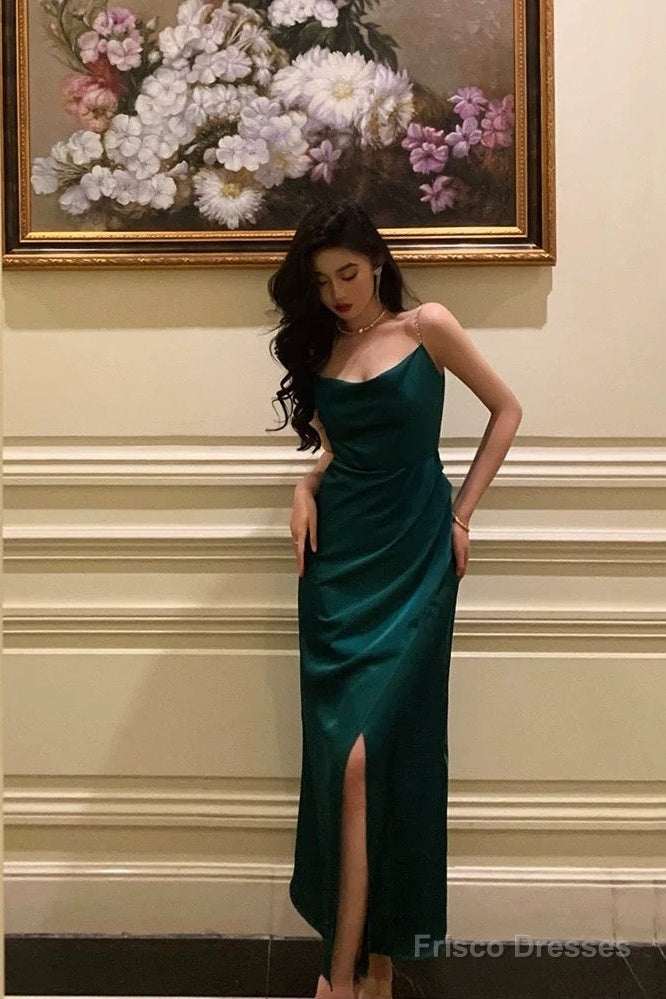 Sexy Sheath Spaghetti Straps Dark Green Satin Slit Prom Dresses Birthday Outfits Secondary image