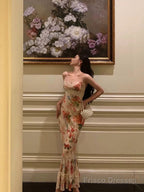 Sexy Sheath Spaghetti Straps Floral Ankle Length Prom Dresses Birthday Dress