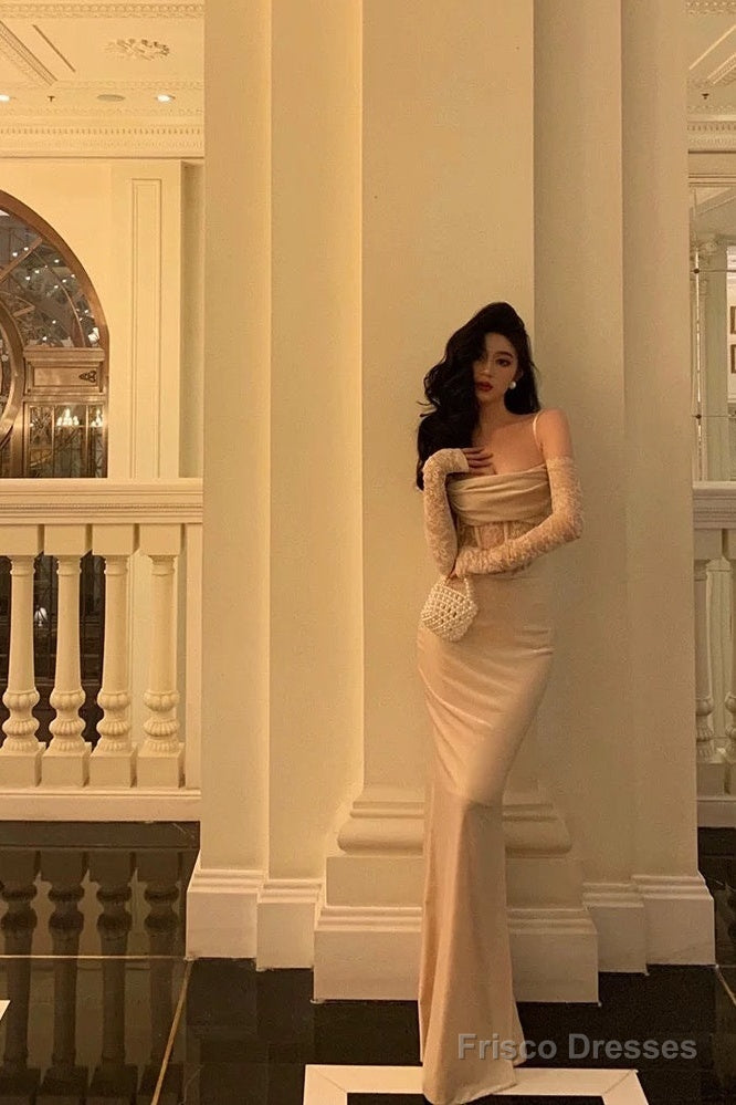 Sexy Sheath Spaghetti Straps Lace Long Prom Dresses Birthday Outfits With Gloves