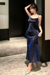 Sexy Sheath Spaghetti Straps Navy Blue Sequin Birthday Dresses Prom Dress