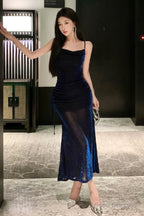 Sexy Sheath Spaghetti Straps Navy Blue Sequin Birthday Dresses Prom Dress