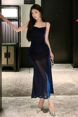 Sexy Sheath Spaghetti Straps Navy Blue Sequin Birthday Dresses Prom Dress