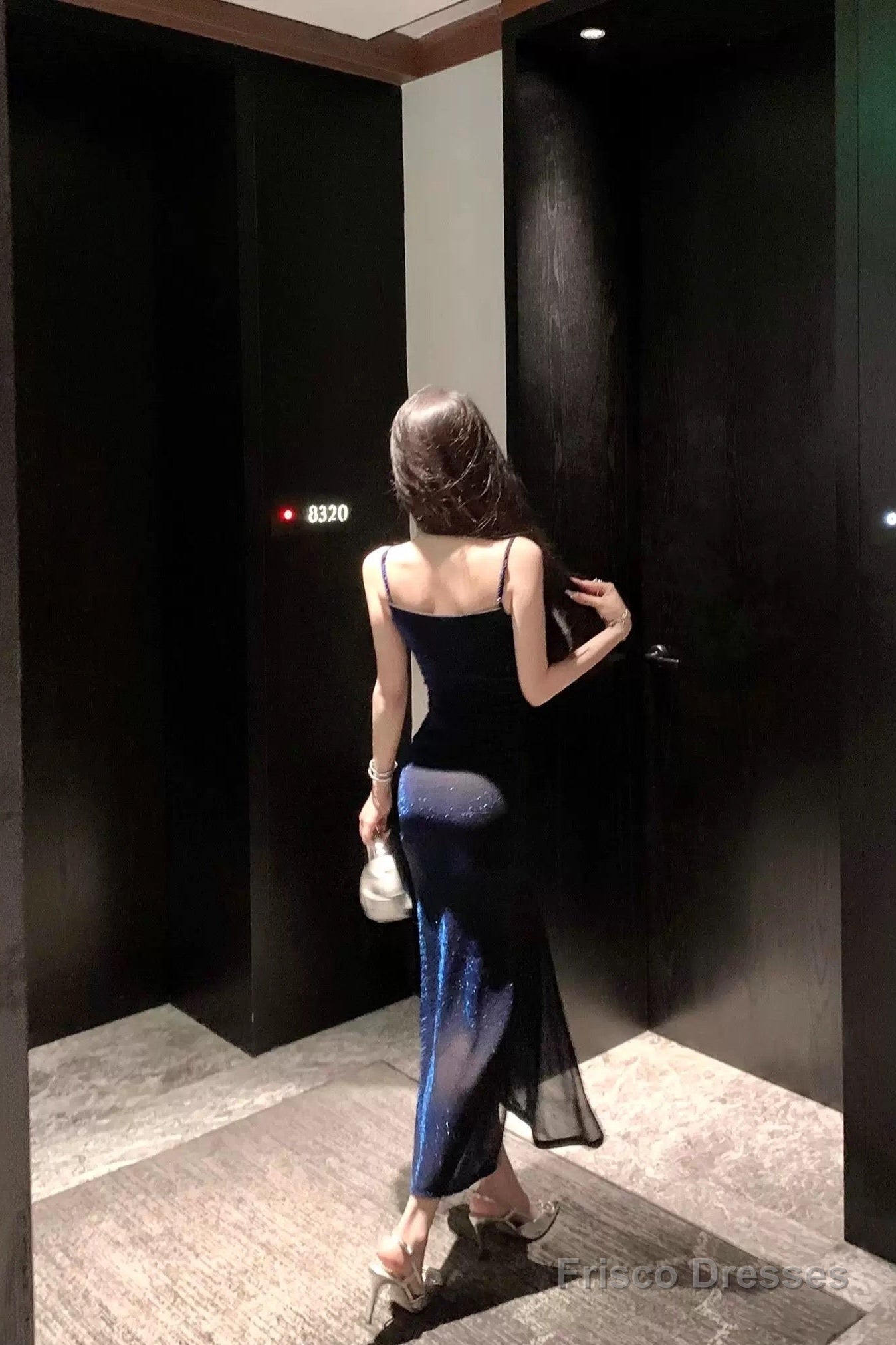 Sexy Sheath Spaghetti Straps Navy Blue Sequin Birthday Dresses Prom Dress