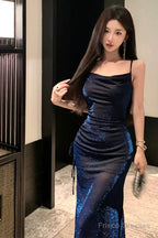 Sexy Sheath Spaghetti Straps Navy Blue Sequin Birthday Dresses Prom Dress