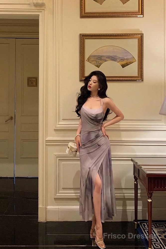 Sexy Sheath Spaghetti Straps Purple Butterfly Satin Slit Prom Dresses Birthday Outfits
