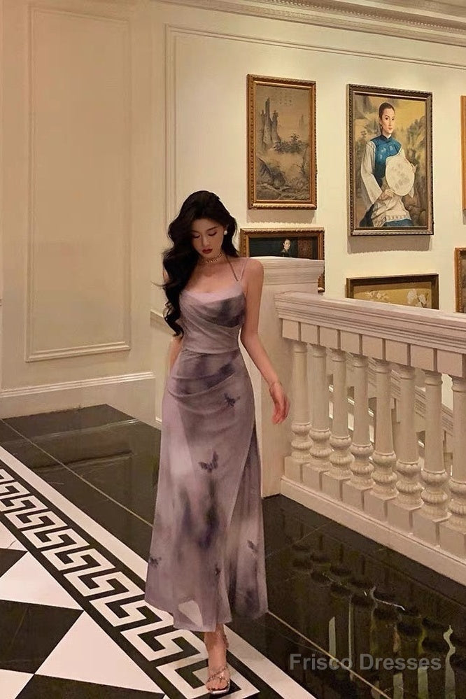 Sexy Sheath Spaghetti Straps Purple Butterfly Satin Slit Prom Dresses Birthday Outfits