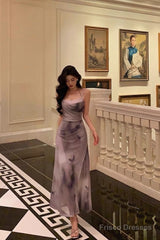 Sexy Sheath Spaghetti Straps Purple Butterfly Satin Slit Prom Dresses Birthday Outfits