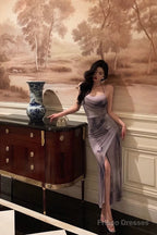 Sexy Sheath Spaghetti Straps Purple Butterfly Satin Slit Prom Dresses Birthday Outfits