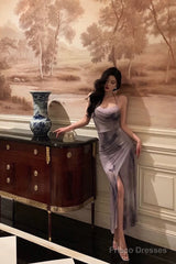 Sexy Sheath Spaghetti Straps Purple Butterfly Satin Slit Prom Dresses Birthday Outfits