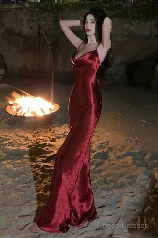 Sexy Sheath Spaghetti Straps Red Backless Satin Birthday Dresses Prom Dress