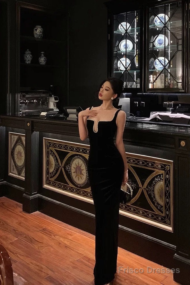 Sexy Sheath Spaghetti Straps Sleeveless Black Floor Length Prom Dresses Birthday Outfits