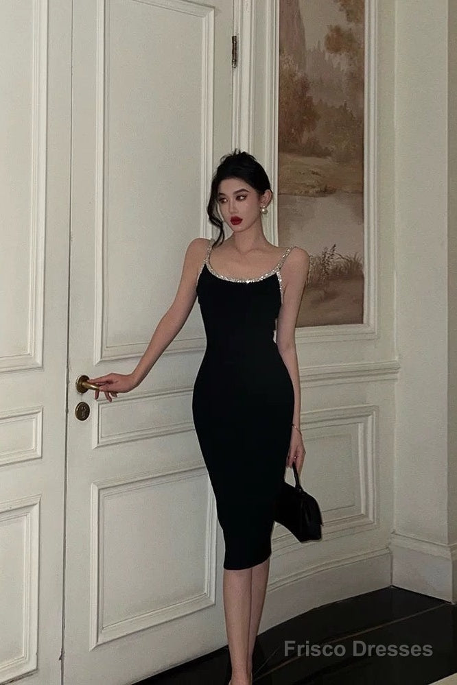 Sexy Sheath Spaghetti Straps Sleeveless Black Knee Length Prom Dresses Birthday Outfits