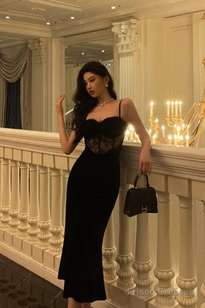 Sexy Sheath Spaghetti Straps Sleeveless Black Velvet Prom Dresses Birthday Outfits Secondary image