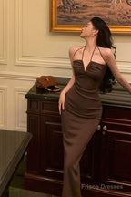 Sexy Sheath Spaghetti Straps Sleeveless Brown Ankle Length Prom Dresses Birthday Outfits