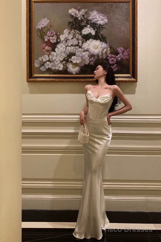 Sexy Sheath Spaghetti Straps White Long Prom Dresses Birthday Outfits