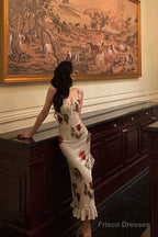Sexy Sheath Spaghetti Straps White Satin Red Floral Long Prom Dresses Birthday Outfit