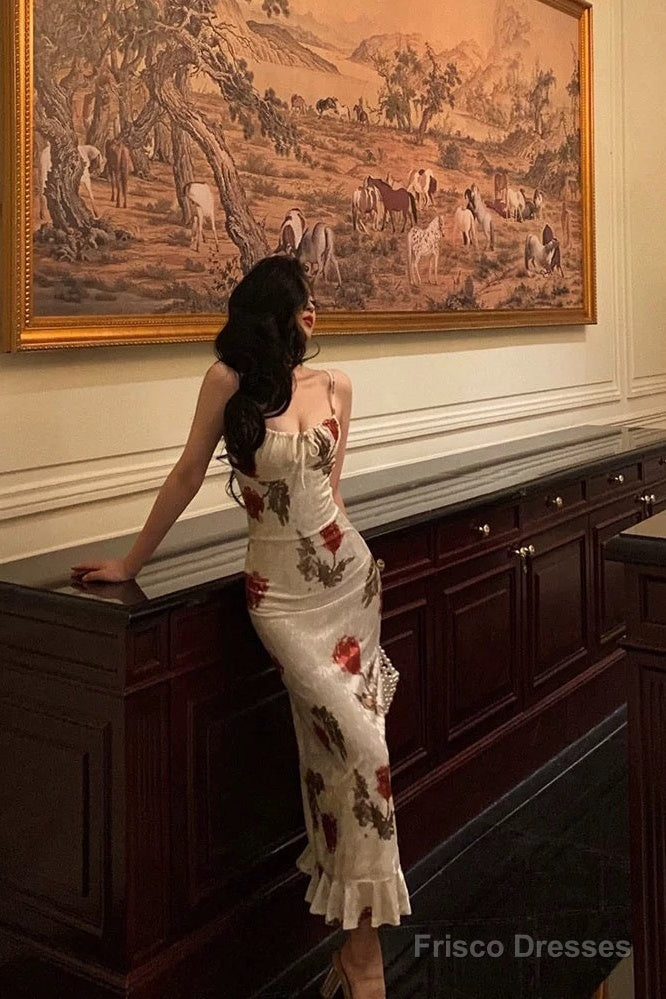Sexy Sheath Spaghetti Straps White Satin Red Floral Long Prom Dresses Birthday Outfit