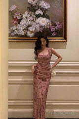 Sexy Sheath Square Neckline Floral Pink Prom Dresses Birthday Outfits Evening Gown