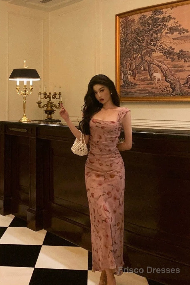 Sexy Sheath Square Neckline Floral Pink Prom Dresses Birthday Outfits Evening Gown