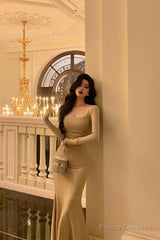 Sexy Sheath Square Neckline Long Prom Dresses Birthday Outfits Evening Gown