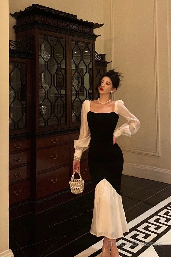 Sexy Sheath Square Neckline Long Sleeves Black Prom Dresses Birthday Outfits With Ruffle Secondary image