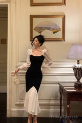 Sexy Sheath Square Neckline Long Sleeves Black Prom Dresses Birthday Outfits With Ruffle