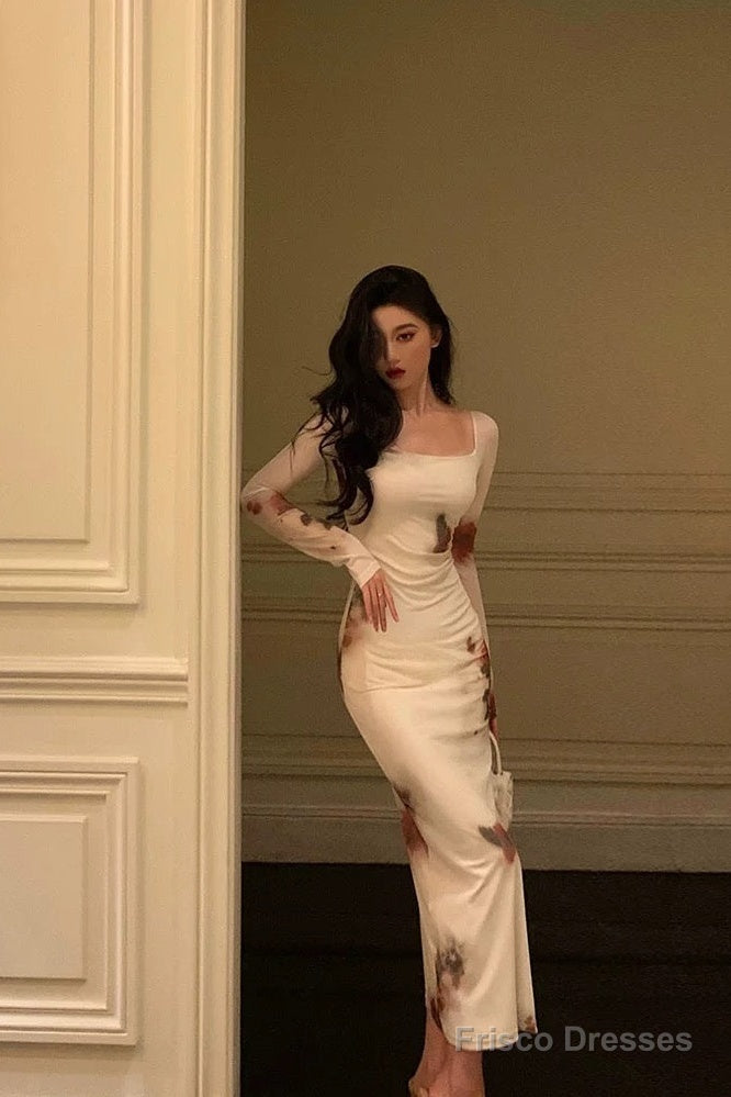 Sexy Sheath Square Neckline Long Sleeves Slit Floral Prom Dresses Birthday Dress