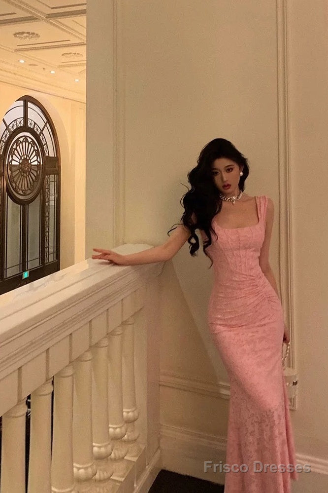 Sexy Sheath Square Neckline Pink Lace Prom Dresses Birthday Outfits Secondary image