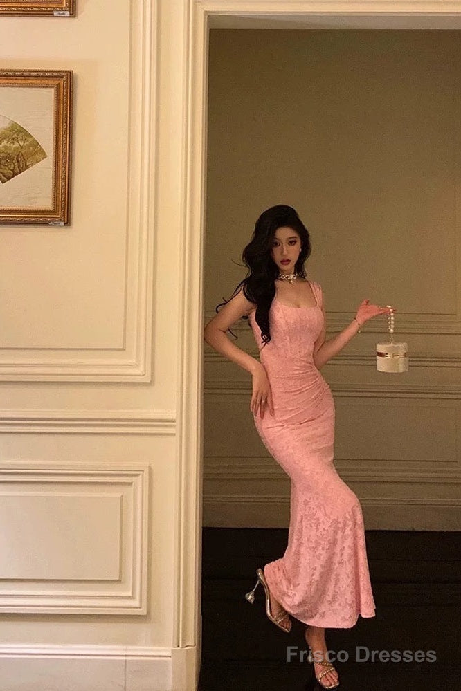 Sexy Sheath Square Neckline Pink Lace Prom Dresses Birthday Outfits Main image