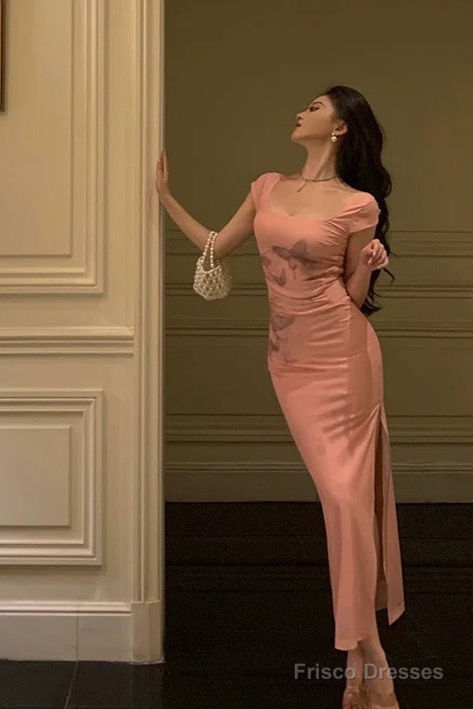 Sexy Sheath Square Neckline Pink Prom Dresses Slit Birthday Outfits Evening Gown Main image
